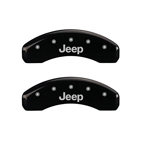 Image of MGP Caliper Covers 42006SJEPBK 'Jeep' Engraved Caliper Cover with Black Powder Coat Finish and Silver Characters, (Set of 4)