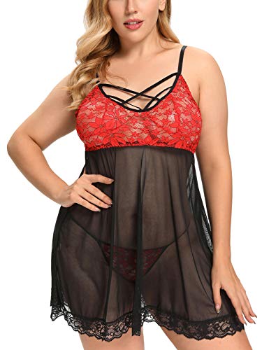 AdoreShe Women's Plus Size Lingerie Set Floral Lace Trim Babydoll Sexy Strappy Chemise Sleepwear(Q2013-Red-4XL)