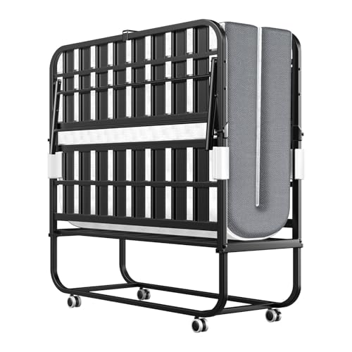Folding Bed with Memory Mattress 75 x 38 Twin Portable Roll Away Guest Cot Widened Grid Support Frame for Adults Space-Saving for Office Room Basement Small Apartment Dorm Easy Storage
