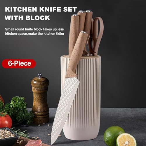 Image of Luxury 6 in 1 Wooden Coating Knife Set Light Wood Grain Handle Anti-Rust Non-Stick Stainless Steel Sharp Edge with 4 Knifes, 1 Stand, 1 Scissor for Hotel, Travel, Meat, Fruits (Black)