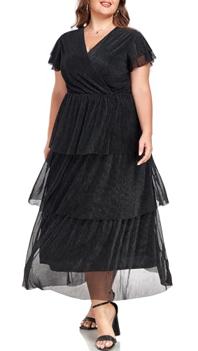 Carrdc Plus Size Maxi Dress for Curvy Women Short Sleeve Tiered Cocktail Dress