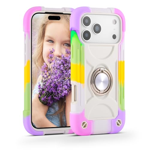 Image of MARKILL Compatible with iPhone with Built-in 360Rotating Ring Stand, Military Grade Drop Protection Full Body Rugged Heavy Duty Case Durable Cover (Rainbow White, iPhone 17 Pro Max)