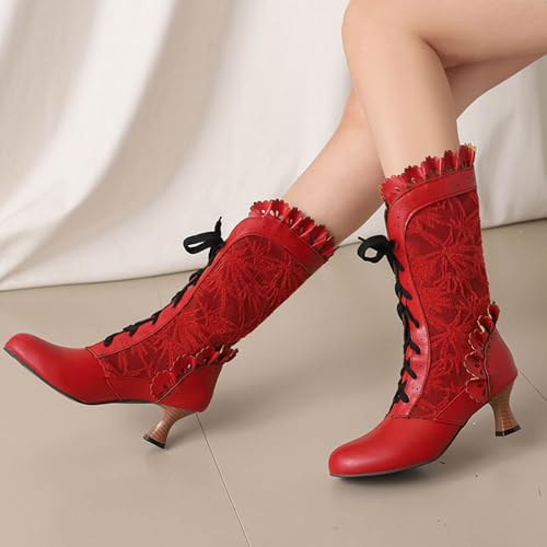Victorian Boots for Women,Women's Bow Ruffles Goth Boots Costume Lace Up Retro Boot Halloween Witch Stuff Cuban Heel Mid Calf Vintage Shoes4