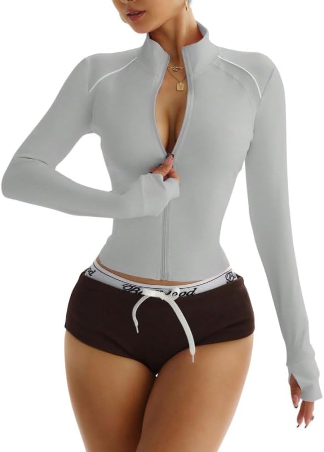 Women's Running Jacket with Thumbholes Stretch Slim Fit Colorblock Yoga Workout Jackets