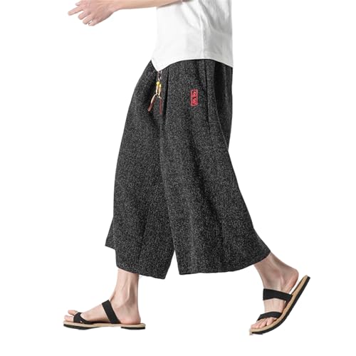 GUOYUXIAO Men's Pants Summer Embroidered Ice Silk Capri Wide-Leg Trouser