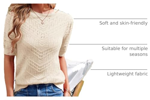 Image of Womens Puff Short Sleeve Sweater Summer Crew Neck Ribbed Knit Pullover Tops