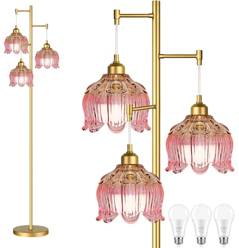 Image of QIYIZM Pink Floor Lamp for Living Room,Bedroom,Gold Mid Century Modern Standing Lamp Brass Tree 3 Light Tall Floor Lamps Vintage Retro Floor Lights Glass Flower Lamp Shade Girls Kids Boho Bohemian