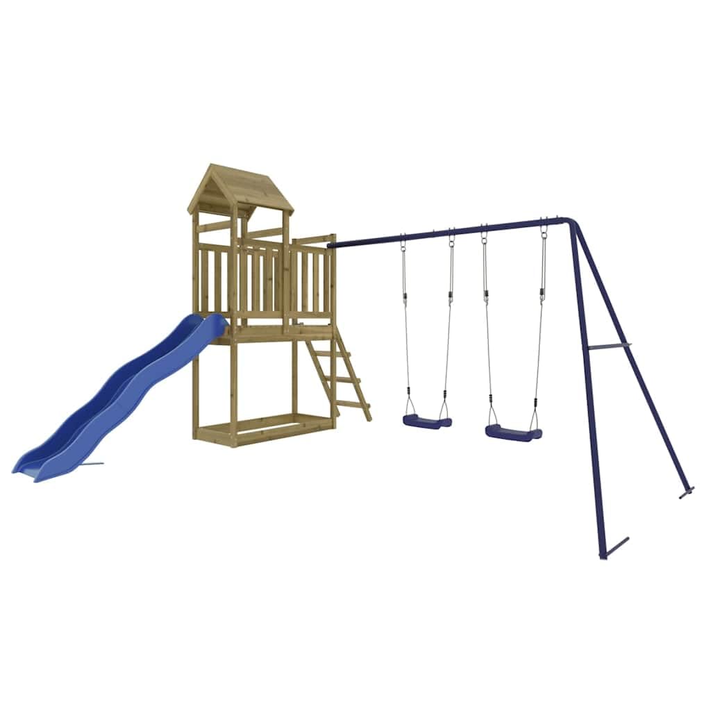 Torre da gioco in legno di pino impregnato in autoclave, con scivolo ondulato, piedistallo da 90 cm, scala, 2 altalene e sabbiera per giardino, parco giochi