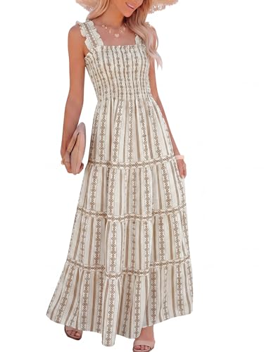 Image of Caracilia Womens Summer Maxi Dresses Floral Smocked Sleeveless Ruffle Boho Casual Flowy Aline Beach Vacation Long Sundress