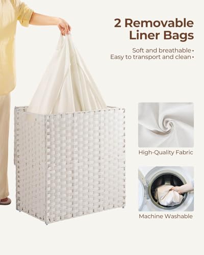 Greenstell Laundry Hamper with lid, No Install Needed, 110L Wicker Laundry Baskets Foldable 2 Removable Liner Bags, 2 Section Clothes Hamper Handwoven Rattan Laundry Basket with Handles, White - Thumbnail 3