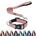 FURRYFECTION Reflective Dog Collar and Leash Set with Quick Release Buckle, Padded with Neoprene Adjustable Nylon Dog Collar for Small Medium and Large Dogs (Medium Collar+5FT Leash, Pink)