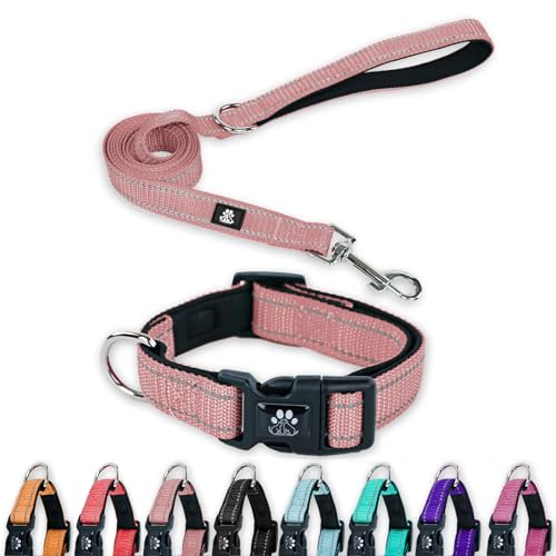 FURRYFECTION Reflective Dog Collar and Leash Set with Quick Release Buckle, Padded with Neoprene Adjustable Nylon Dog Collar for Small Medium and Large Dogs (Medium Collar+5FT Leash, Pink)
