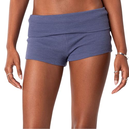 Luckinbaby Women Fold Over Biker Shorts High Waisted Slim Booty Shorts Bottoms Wide Waistband Rollover Yoga Shorts (A46 Blue, L)