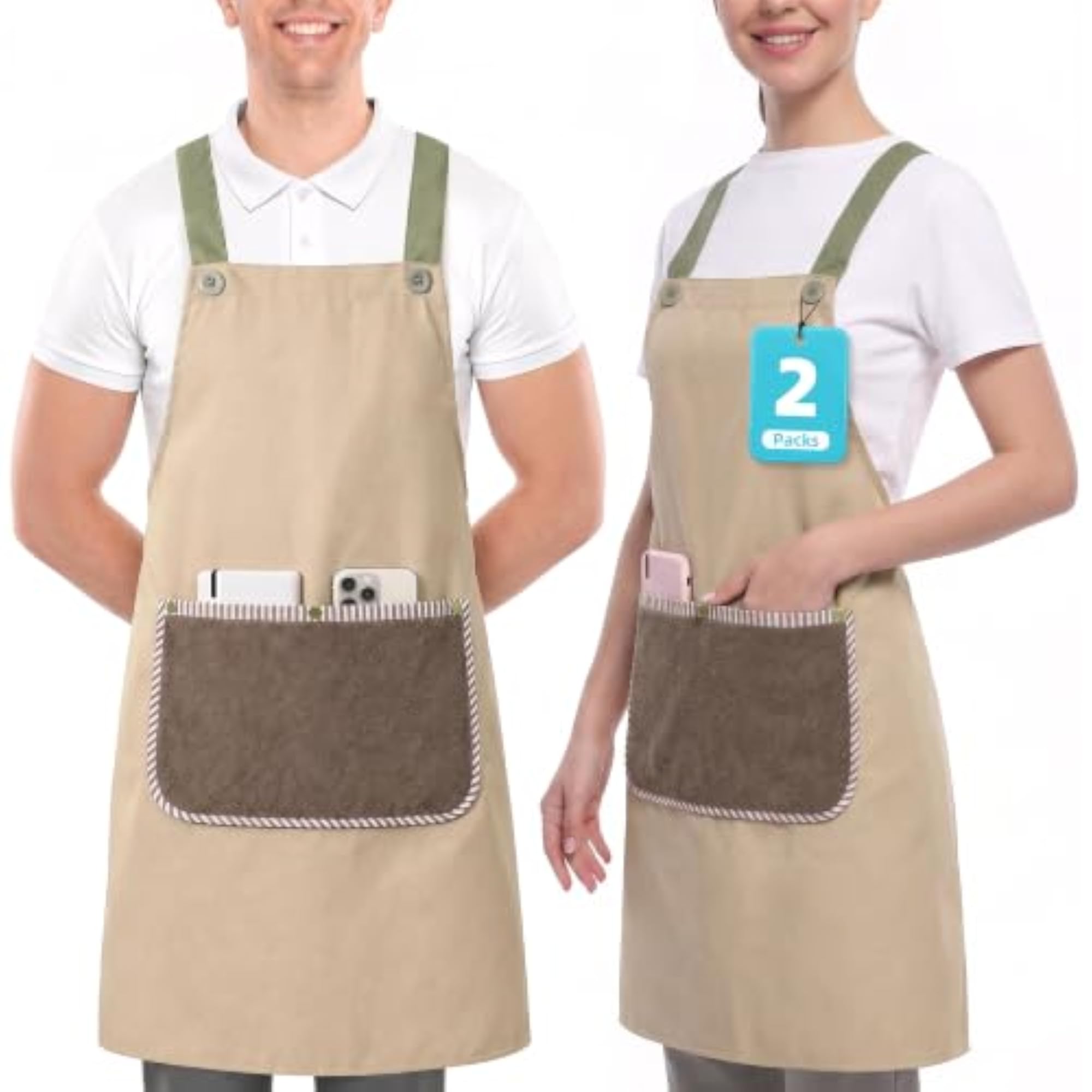 2 Pack Bib Aprons with Detachable Pocket, Stain Resistant