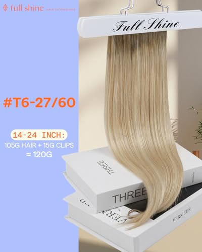 Image of Full Shine Clip in Human Hair Extensions Ombre, 20 Inch | Light Brown to Butter Blonde Mix Platinum Blonde, Balayage Real Human Hair Clip in Extensions, 120g 7 Pcs