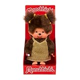 Sekiguchi 204038 - Original Monchhichi Mädchen mit goldenem Glitzerkleid, ca. 20 cm großes Kuscheltier aus braunem Plüsch