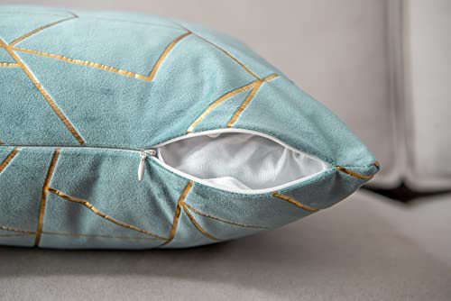 Yongliu Pack Of 2 Velvet Cushion Cases Decorative Gold Foil Geometric Pattern Soft Square Throw Pillow Covers For Modern Homes Couch Sofa Bedroom Living Room Car(Light Blue And Gold, 18“X18”) #TOP4