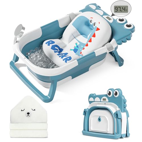 Image of MoreFeel Collapsible Baby Bathtub for Newborn with Thermometer & 1 Hooded Towel & 1 Soft Floating Cushion,Portable Travel Bathtub with Drain Hole, Durable Foldable Baby Tubs for Infants to Toddler