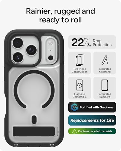 Image of ZAGG Rainier Case with Kickstand for iPhone 17 Pro - Black, Graphene 22ft (7m) Drop Protection, Lanyard Attach Points, MagSafe, Wireless Charging Compatible, 2-Piece Design, Phone Case