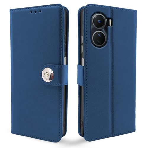 Image of Pikkme Vivo Y16 Flip Cover Leather Finish | Inside TPU with Card Pockets | Wallet Stand and Shock Proof | Complete Protection Button Flip Case (Blue)