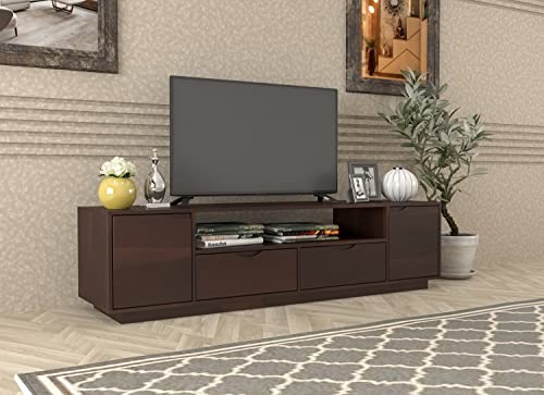 Image of DRIFTINGWOOD Malvina Sheesham Wood Entertainment Tv Unit for Living Room | Free Standing Movable Low Height Tv Cabinet Sideboard | Tv Table with 2 Drawer, 2 Door Cabinet Storage | Walnut