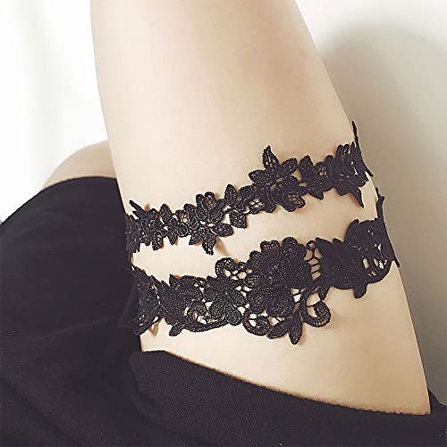Wedding Garters For Bride Lace Bridal Garter Set 2 Pieces, Women's White Garter Belt Wedding Bridal Garter Prom Garter Bridal Accessories Lingerie Leg Garter Belts (Rose-Black) #TOP1