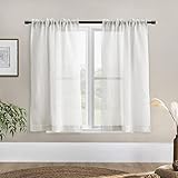 SHINELAND White Short Linen Sheer Curtains 48 Inch Length for Bedroom 2 Panels Rod Pocket Semi Privacy Solid Simple Small Curtain for Kitchen Bathroom Window Kids Girls Room