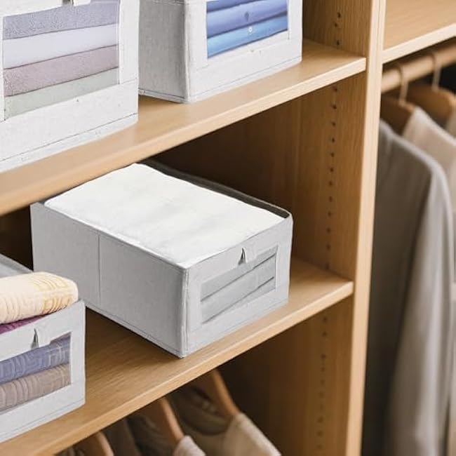 3 Pack Linen Organizer Storage Bins - Foldable Fabric Closet Storage Baskets with Clear Window for Organizer Clothes, Toys, Towels, Jeans, Books, Shelves, 16x11x7 (Beige)