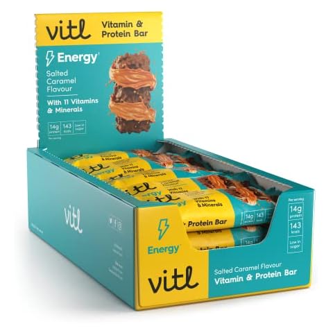 VITL Energy Vitamin & Protein Bar Salted Caramel flavour Milk Chocolate covered bar x 15, with 11 Vitamins and Minerals, 40g Cover