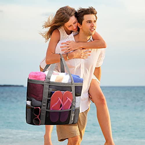 F-color Mesh Beach Bag Family - Large Tote Bag 9 Pockets for Swim Pool Toys Cruise Beach Vacation Essentials, Grey - Thumbnail 7