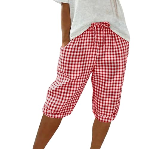 Image of Saxrel Knee Length Shorts Women Gingham & Striped Hiking Pants - Drawstring Waist Ladies Knee Length Linen Shorts with Pockets Summer Culottes for Daily Commute Casual Wear Outdoor Walks