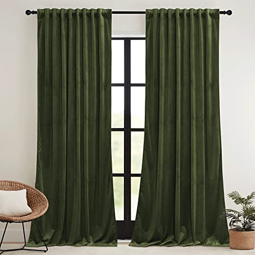 Image of RYB HOME Olive Green Velvet Curtains with Hook Tape, Thermal Insulated Privacy Protect Decorative Drapes for Home Theater, W 62 x L 84 inches, 2 Panels Set | Thermal Insulated, Privacy UV Heat Blocking, Back Tab, Drapes for Sliding Patio Door, W62 x L84, Olive Green, 2 Panels