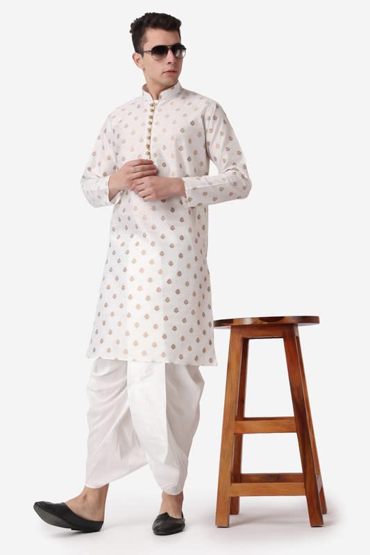 Image of Royal Kurta Men's Jacquard Silk Printed Cream Kurta White Dhoti Set