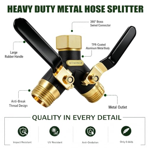 Image of Garden Hose Splitter 2 Way, All Metal Heavy Duty Water Hose Splitter | with 360 Brass Swivel, Large Easy-Turn Handles, Shut-Off Valves, Leak-proof outlet,3 /4 in GHT for Outdoor Faucet