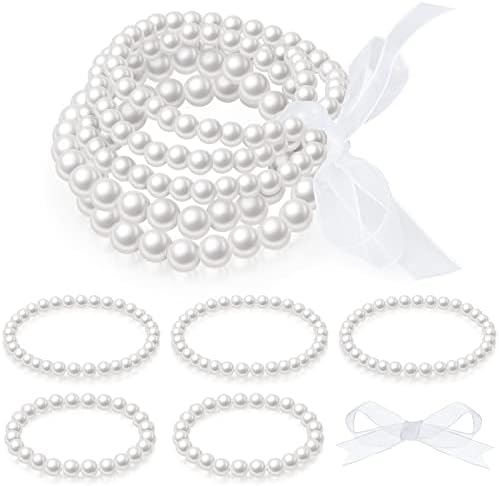 Yaomiao 10 Pieces Faux Pearl Bracelet Set, Beaded Stretch Bracelet, Stackable Bracelet Sets for Women Bridal Party Wedding 1920 Accessories, White
