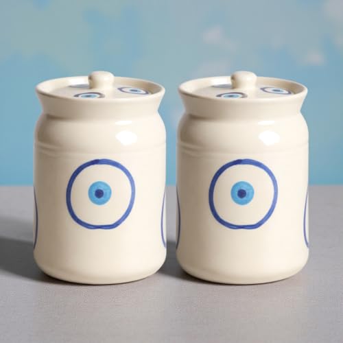 Image of Evil Eye-Shaped Ceramic Storage Jar Set - 2 x 2 KG (2000 ml) - Martban Pickle Container - Kitchen Storage for Pickle, Chutneys and Sauces - Durable, and Easy to Clean (Pack of 2) (Evil Eye)