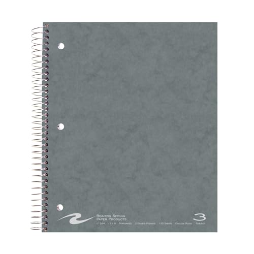Roaring Spring College Ruled 3 Subject Spiral Notebook, Double Pockets, 11' x 9' 120 Sheets, Assorted Colors