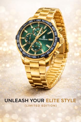 Image of Men's Gold Chronograph Watch with Green Dial | Stainless Steel Strap | Tachymeter Sports Watch