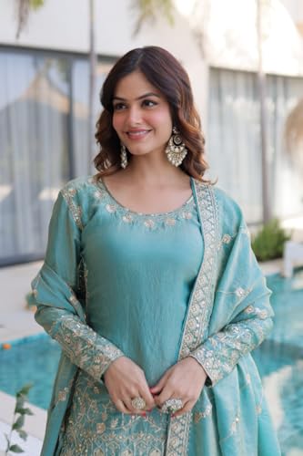 Image of Women's Embroidered Kurta Sharara Set with Dupatta | Designer Indian Ethnic Suit | Festive, Wedding, Engagement & Party Outfit for Women