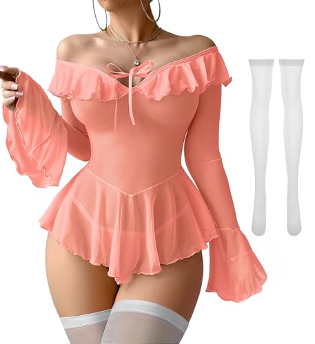 Image of Foxiny Sheer Ruffle Long Sleeve Babydoll Lingerie Dress | Off-shoulder neckline, flared cuffs and a flounce hem add movement; thong and thigh-high stockings complete the 3-piece set
