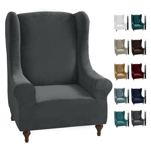 CHELZEN Stretch Velvet Wingback Chair Slipcover Soft Slipcovers for Wingback Chairs Wing Chair Cover with Elastic Bottom (Wing Chair, Gray)