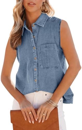 Orchidays Women's Denim Tank Top V Neck Button Down Collared Slee...