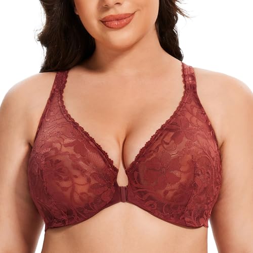 MELENECA Armature Dos Nageur en Dentelle pour Femmes Soutien-Gorge à Fermeture Frontale Cabernet Rouge 105D