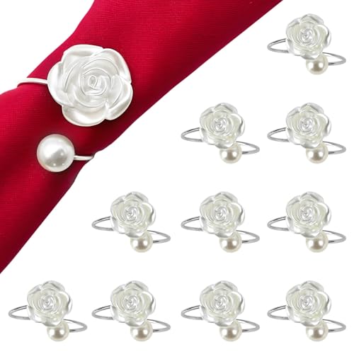 Napkin Rings,Silver Pearl Rose Napkin Holder Rings,Imitation Bead...