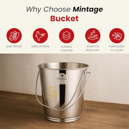 Image of Mintage Stainless Steel Bucket for Bathroom 12.5 litres Capacity | Water Storage Bucket for Kitchen | Laser Balti for Serving | Leak Proof Multipurpose Use | Balti for Home Steel Buckets with Handle