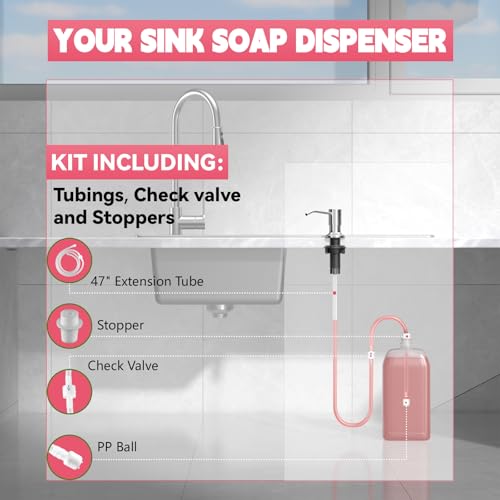 Image of Sink Soap Dispenser, OHiHi Kitchen Sink Soap Dispenser with 47 inch Extension Tube, Wide Pump Head Base, No Water Leaking, No Need to Fill The Little Bottle Again, Brushed Nickel