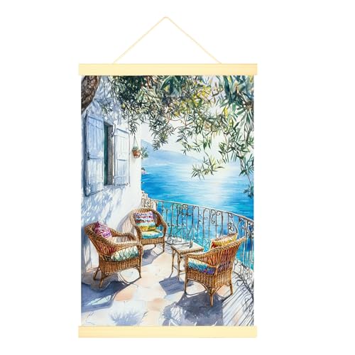 Wicker Chairs Canvas Hanging Poster Wall Art, Coastal Relaxed Ocean View Balcony Railing Summer Blue Artwork Wall Painting Living Room College Dorm Apartment Decorations 16x24 Inches