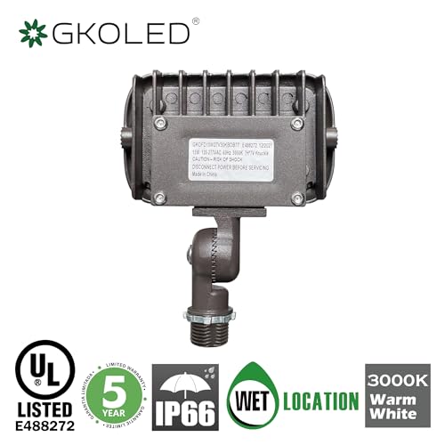 GKOLED 15W Outdoor LED Flood Security Lights, Waterproof Landscape Lighting, 50W PSMH Equivalent, 1370 Lumens, 3000K Warm White, 120-277V, 1/2" Knuckle Mount, UL-Listed, 5 Years Warranty - Thumbnail 4
