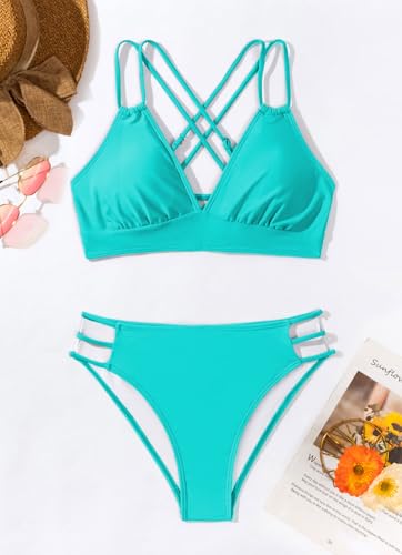 Image of Fanuerg Women's Sexy V Neck Bikini Sets Hollow Out Two Piece Swimsuits Cutout Mid Waist Bathing Suit