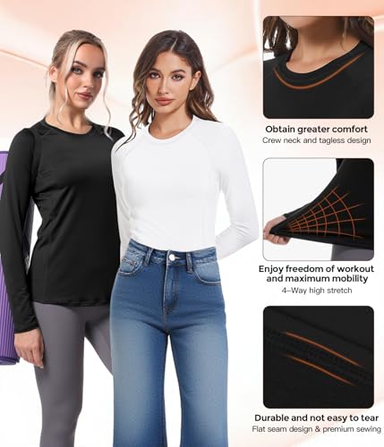 Image of Womens Long Sleeve Compression Shirts Sun Protection Workout Underscrubs | UPF 50+ breathable UV SPF rash guard, Moisture wicking dry fit cooling undershirt, Snug stretch tops for gym & daily wear